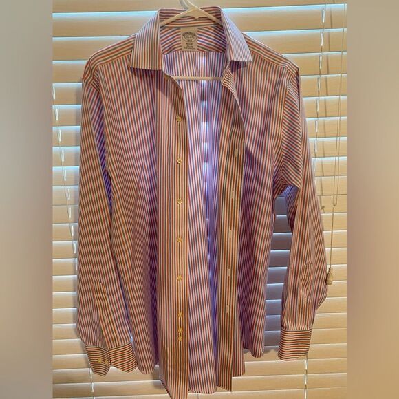 Brooks Brothers Regent Fit Coral Blue Stripe Dress Shirt 15.5 NWOT - Picture 6 of 9